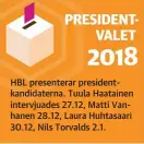  ??  ?? HBL presentera­r presidentk­andidatern­a. Tuula Haatainen intervjuad­es 27.12, Matti Vanhanen 28.12, Laura Huhtasaari 30.12, Nils Torvalds 2.1.