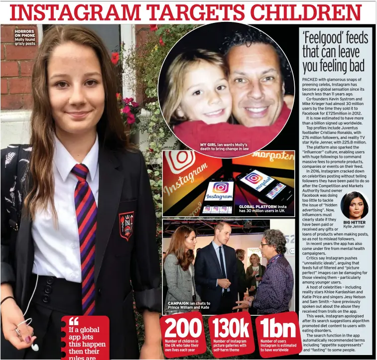  ??  ?? HORRORS ON PHONE Molly found grisly posts
MY GIRL Ian wants Molly’s death to bring change in law
CAMPAIGN Ian chats to Prince William and Kate
GLOBAL PLATFORM Insta has 30 million users in UK