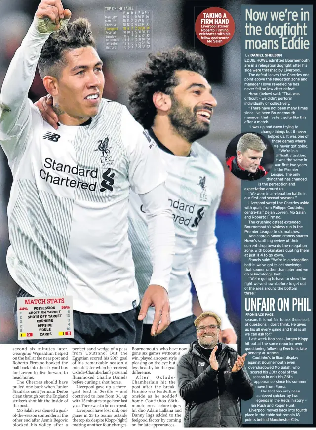  ??  ?? TAKING A FIRM HAND Liverpool striker Roberto Firmino celebrates with his fellow goalscorer Mo Salah