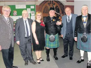  ??  ?? ●●Attending the Burns Night party at St Andrew’s Church, Dearnley are, from left, Donald Owen, John Paterson, Sheila Moore, Trevor Armistead, Peter Shrigley and Ray Milligan.