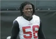  ?? JEFF CHIU — THE ASSOCIATED PRESS FILE ?? In a file photo, former 49ers linebacker Reuben Foster looks on during the team’s practice over the summer. Foster, who was released by San Francisco following a domestic violence arrest Saturday, was claimed off waivers by the Washington Redskins on Tuesday.