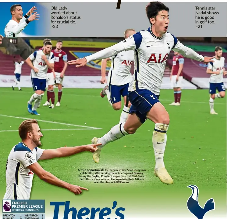  ??  ?? A true opportunis­st: Tottenham striker Son Heung-min celebratin­g after scosoring the winner against Burnley during the English PrePemier League match at Turf Moor. Left: Harry Kane assa isted Heung-min in their 1- 0 win over BBurrnley.