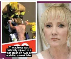  ?? ?? The actress was critically injured in a car crash on Aug. 5 and died a week later