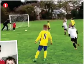  ??  ?? ‘ JUST GUIDING HIM’: Young Osian Hatfield is paying no attention to the game as strikers aadvance, so dad Phil gives him a shove (1), sending him sprawling right into the path of the o oncoming ball (2). But an opponent then nets the rebound (3). Left: Dad and son back at home 1
