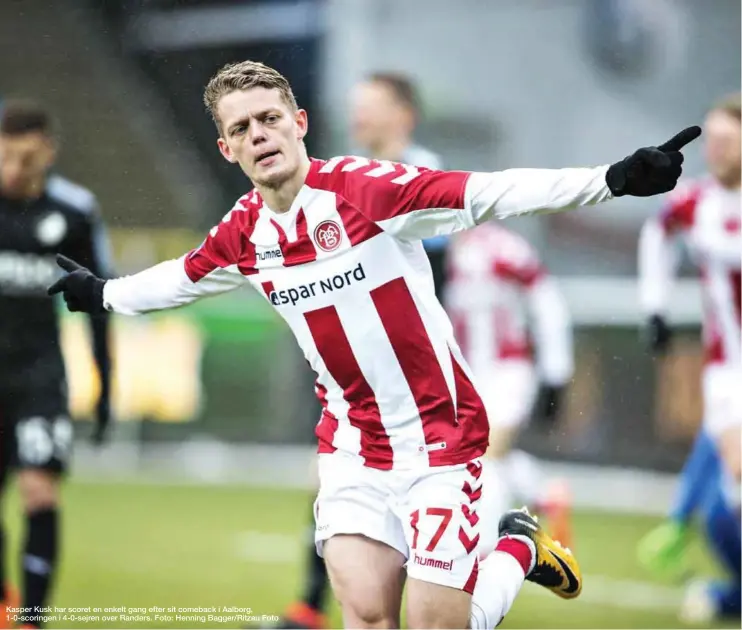  ??  ?? Kasper Kusk har scoret en enkelt gang efter sit comeback i Aalborg, 1-0-scoringen i 4-0-sejren over Randers. Foto: Henning Bagger/Ritzau Foto