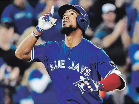  ?? NATHAN DENETTE
THE CANADIAN PRESS ?? Blue Jays left-fielder Teoscar Hernandez celebrates his solo home run against the Texas Rangers in the third-inning in Toronto on Sunday afternoon.