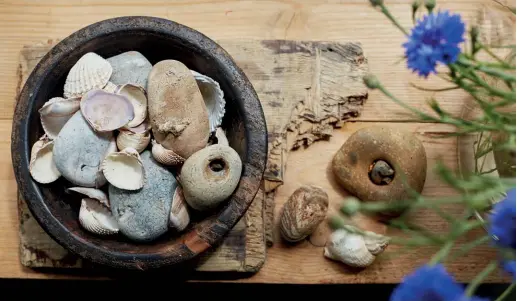  ??  ?? ABOVE An old wooden bowl and worn tablet, reminiscen­t of driftwood, host a collection of shells and stones found on the beach. The wooden tablet was sourced by Marta from a souk in Marrakech BELOW The industrial-style stainless steel kitchen from Ikea is a nod to the utilitaria­n history of Coastguard’s Cottage