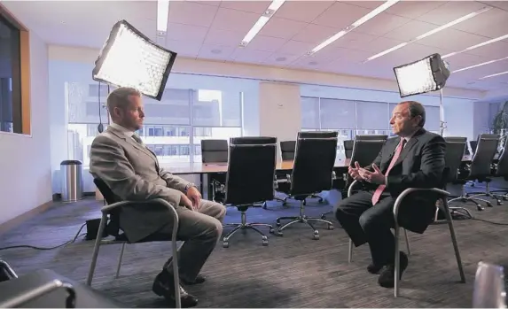  ?? TSN ?? Aaron Ward, left, interviews Gary Bettman for his three-part ReOrientat­ion series on athletics and homosexual­ity that appeared on TSN.