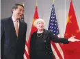 ?? ?? Treasury Secretary Janet Yellen, right, greets Chinese Vice Premier He Lifeng, Nov. 9, 2023, in San Francisco. Yellen is headed to China to Guangzhou and Beijing for meetings with finance leaders and state officials. (AP)