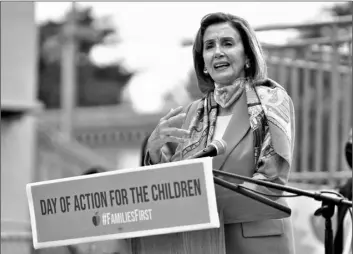  ?? AP Photo/Eric Risberg ?? House Speaker Nancy Pelosi speaks at a news conference at the Mission Education Center Elementary School on Wednesday in San Francisco.