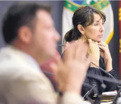  ?? ADOLPHE PIERRE-LOUIS/JOURNAL ?? City Councilors Pat Davis, foreground, and Klarissa Peña listen to public comments Monday evening.