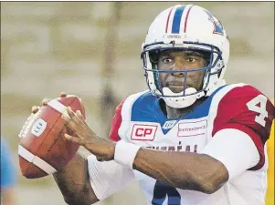  ?? CP PHOTO ?? Montreal Alouettes quarterbac­k Darian Durant throws a pass during first half CFL pre-season action against the Ottawa Redblacks last week in Montreal.