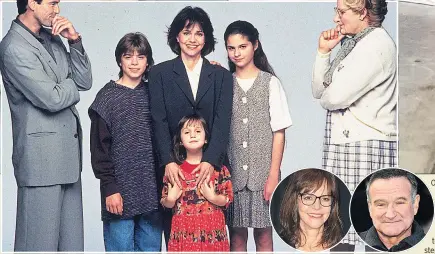  ??  ?? 1993 Brosnan, left, with Matthew Lawrence, Sally Field, Mara Wilson, Lisa Jacob &amp; Williams. Inset Field &amp; Williams in later years