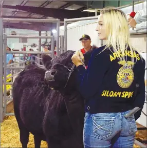  ?? Westside Eagle Observer/RANDY MOLL ?? Trista Andrews of Siloam Springs FFA shows her animal at the Benton County Fair Youth Premium Livestock Auction on Saturday, Oct. 1.