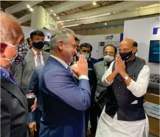  ?? ?? Defence Minister at Thales’ stand at Aero India 2021
