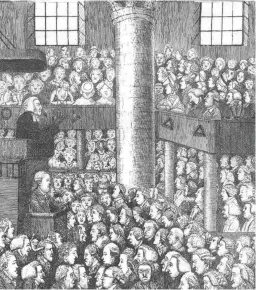  ??  ?? Dr Alexander Webster, a former moderator of the General Assembly, preaches in 1785 in the Tolbooth Church in Edinburgh