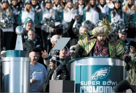  ?? ALEX BRANDON — THE ASSOCIATED PRESS ?? Philadelph­ia Eagles center Jason Kelce delivers an impassione­d speech in front of the Philadelph­ia Museum of Art following the team’s Super Bowl victory parade earlier this month. Kelce visited the Phillies in Clearwater, Fla. Monday.
