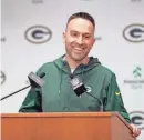  ?? DAN POWERS/USA TODAY NETWORK-WISCONSIN ?? Green Bay Packers defensive coordinato­r Jeff Hafley speaks during his introducto­ry news conference Thursday.