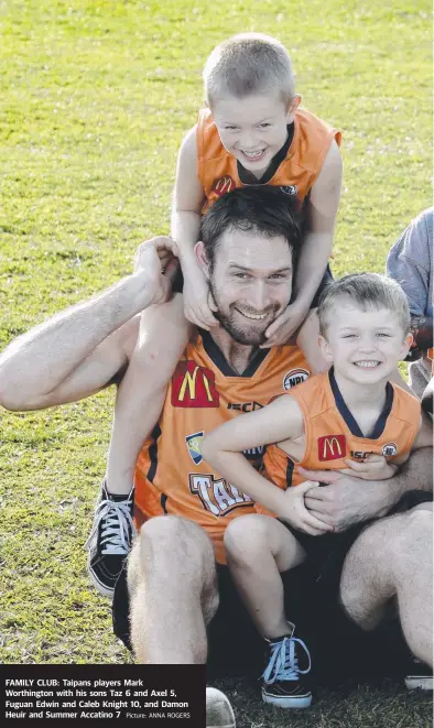  ?? Picture: ANNA ROGERS ?? FAMILY CLUB: Taipans players Mark Worthingto­n with his sons Taz 6 and Axel 5, Fuguan Edwin and Caleb Knight 10, and Damon Heuir and Summer Accatino 7