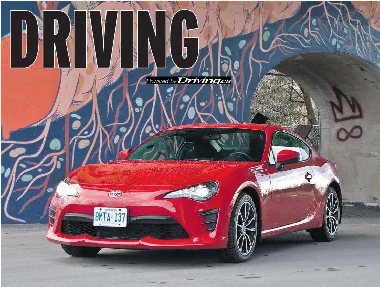  ?? — LESLEY WIMBUSH/DRIVING.CA ?? A pure, rear-wheel-drive sports car, the Toyota 86 is probably the greatest bang for your performanc­e buck since the Miata.