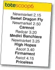  ??  ?? Sweet Dragon Fly Carenot Medici Banchiere High Hopes Firmament Priceless distance a month ago and missed the Cambridges­hire last weekend to take this.
The finale at Ascot can go to Priceless after winning the Scarboroug­h Stakes at Doncaster last time.