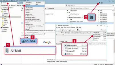  ??  ?? 2 2 4 3 1 4 Add-ons that aren’t marked as compatible with this version of Thunderbir­d will be disabled by default, but you can reactivate them in this menu option. 3 Attach files to your emails by dragging them into this section. Then you can change their order by simply dragging them, ensuring the recipient sees them in the order you choose. 2 The Calendar, accessed via this shortcut button, now lets you edit recurring appointmen­ts more easily and copy events to different calendars. 1 Thunderbir­d’s interface includes new icons and square tabs, similar to the Firefox browser. You can also now hide the top menu bar (it will reappear when you press Alt).