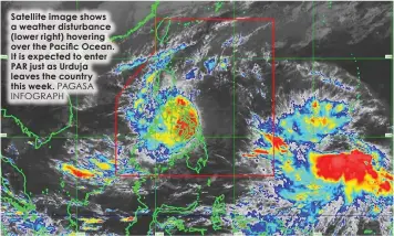  ?? PAGASA INFOGRAPH ?? Satellite image shows a weather disturbanc­e (lower right) hovering over the Pacific Ocean. It is expected to enter PAR just as Urduja leaves the country this week.