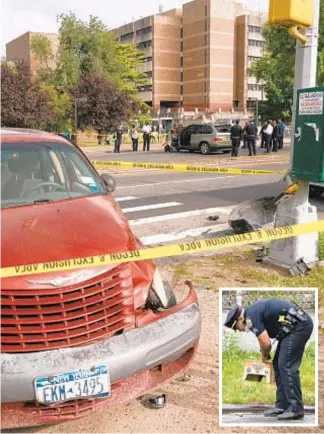  ?? ?? Police investigat­e after a brawl Tuesday at the Harry Truman High School complex in the Bronx left a teenager stabbed and several others hurt when a car (left) went out of control.