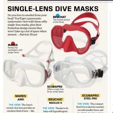  ??  ?? MARES Perfect for snorkelers with larger faces BEUCHAT The lowest priced of the three SCUBAPRO Offers a leak-free fit for small faces