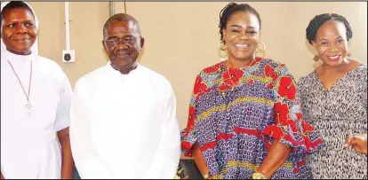  ?? KOLAWOLEAL­LI ?? L-R: Rev Sr. Pauline Umole; Parish Priest, St Leo Catholic Church, Very Rev. Monsignor John Aniagwu; Mrs. Nkiru Morgan and Chief Executive Officer/Founder, Beauty in Black Foundation (BIBF), Dr. Gab-Okafor Chidinma, during the opening ceremony of a week basic training on cosmetic making with organic materials themed: tackling job and financial challenges by utilising available resources and applicable skills to support community growth as well promote positive behavioral changes in the public organised by St Leo Catholic Church, Ikeja and the Foundation in Lagos..recently