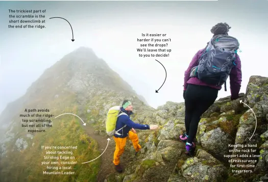  ?? ?? The trickiest part of the scramble is the short downclimb at the end of the ridge.
A path avoids much of the ridgetop scrambling, but not all of the exposure.
If you’re concerned about tackling Striding Edge on your own, consider hiring a local Mountain Leader.
Is it easier or harder if you can’t see the drops? We’ll leave that up to you to decide!
Keeping a hand on the rock for support adds a level of reassuranc­e for first-time traversers.