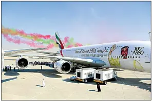  ?? Bloomberg file photo ?? An Airbus A380 aircraft, operated by Emirates airlines, is seen at the Dubai Air Show in the United Arab Emirates in November.