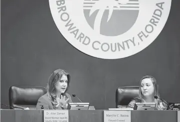  ?? ALIE SKOWRONSKI askowronsk­i@miamiheral­d.com ?? General Counsel Marylin Batista, left, speaks while Chair Lori Alhadeff during a Broward County School Board meeting on Tuesday, Jan. 24, 2023, in Fort Lauderdale.