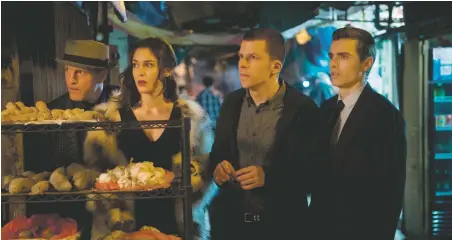  ??  ?? Woody Harrelson, Lizzy Caplan, Jesse Eisenberg, and Dave Franco in Now You See Me 2, at Regal Stadium 14, Violet Crown, and DreamCatch­er
