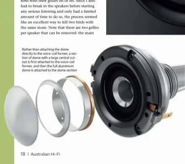  ??  ?? Rather than attaching the dome directly to the voice-coil former, a section of dome with a large central cutout is first attached to the voice-coil former, and then the full aluminium dome is attached to the dome section