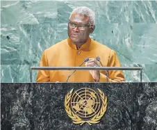  ?? Picture: REUTERS ?? Solomon Islands Prime Minister Manasseh Sogavare addresses the 78th Session of the UN General Assembly in New York City, US on September 22, 2023.