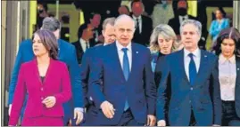  ?? AFP ?? German foreign minister Annalena Baerbock (left), Nato deputy secretary-general Mircea Geoana (centre) and US secretary of state Antony Blinken (second right) at an informal meeting of Nato foreign ministers to discuss Ukraine conflict in Berlin, on Sunday.