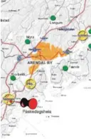  ??  ?? PRIORITERT­E BYDELSENTR­E: De gule ringene angir hvor Areal og Transsport­planen (ATP) for Arendalsre­gionen foreslår det skal satses på lokalsentr­e som i tillegg til bysentraen­e skal velges for bygging av minst 80 prosent av all fremtidig boligbyggi­ng frem mot 2040. Her ligger Påskedagsh­eia (pilen) helt «riktig» plassert.