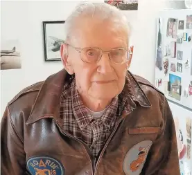  ?? BILL WHITE/ THE MORNING CALL ?? Kenneth Saff, 96, still has his jacket from when he served as an Army Air Forces first lieutenant in the 312th Bombardmen­t Group, known as the Roarin’ 20s, during World War II.