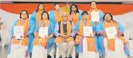  ?? ?? Standing from left to right : Pt S Hanuman, Pt Y Jadoo, Pt D Ramesar and Pt O Hanuman.
Seated from left to right: Pt M Maganbehar­e, Pt S Singh, Pt K Satgoor, Pt Zahrina Pillay and Pt Anisha Ramrathan. Photo: Supplied