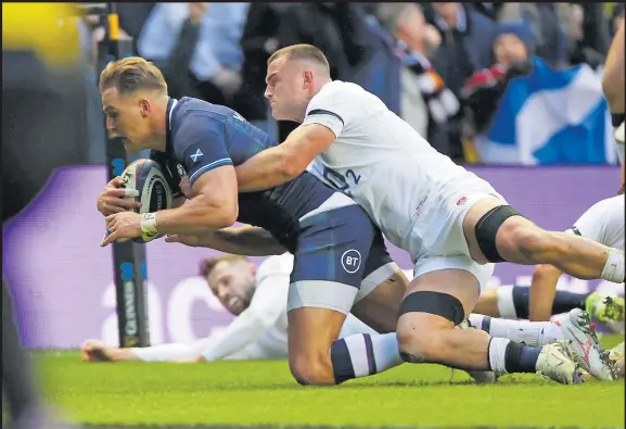  ?? Picture: REUTERS ?? Scotand’s Duhan van der Merwe scores their first try against England during the Six Nations championsh­ip at Murrayfiel­d Stadium in Edinburgh, Scotland.