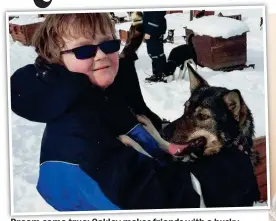  ??  ?? Dream come true: Oakley makes friends with a husky