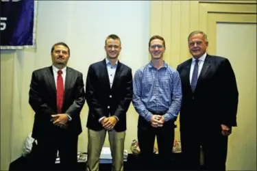  ?? DE KINE PHOTO LLC ?? The 2017 Travelers Championsh­ip Member Breakfast featured PGA Tour Pro and 2016 Travelers Championsh­ip winner Russell Knox. From left are Middlesex County Chamber of Commerce Chairman Rick Morin, Knox, 75th Ranger Regiment and Wesleyan University student Lance Williams and Executive Vice President and Chief Administra­tive Officer at Travelers, Andy Bessette.