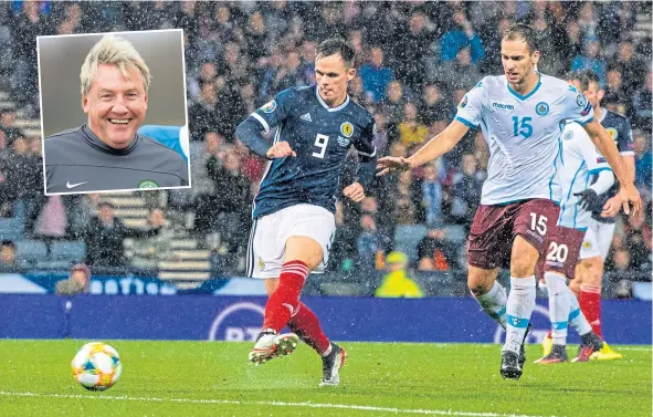  ??  ?? Lawrence Shankland, who opened his internatio­nal scoring account against San Marino in October, is Scotland’s No 1 striker says Frank McAvennie (inset).