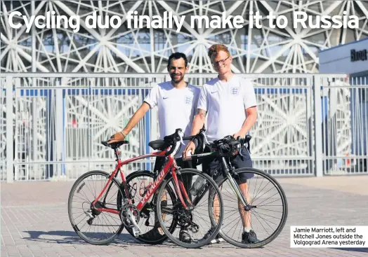  ??  ?? Jamie Marriott, left and Mitchell Jones outside the Volgograd Arena yesterday