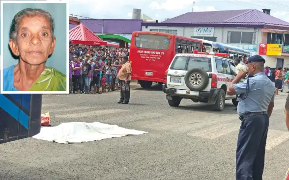  ?? Photo: ?? A large crowd gathered at the Labasa bus stand. It is alleged that Narayaniam­ma was crossing the road between the Labasa bus stand and BSP bank when she was hit by a bus on March 23, 2018. The deceased Narayaniam­ma.