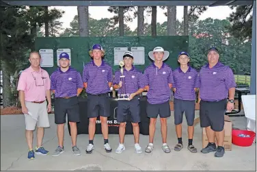  ?? Penny Chanler/Special to the News-Times ?? EHS sweeps: El Dorado’s golf teams opened the 2021 season by sweeping the Simmons Bank Wildcat Invitation­al titles for the second consecutiv­e year Monday at the Lions Club. The Lady Wildcats (top photo) won by 36 strokes. From left to right are: Rob Robinson (President of Simmons Bank), Alexa Hulsey, Hope Walthall, Lani Hammock, Aubrey Marx and Coach Chris Ezell. The Wildcats (bottom photo) won by 35 shots. From left to right are: Rob Robinson, Brody McKinney, Jon Brooks Elia, Aaron Ezell, Miller Wallace, Keaton Michael and Coach Chris Ezell.