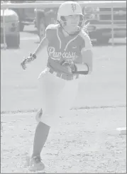  ?? Photos by Cody Powell/The Punxsutawn­ey Spirit ?? The Punxsutawn­ey Lady Chucks softball team beat Bradford twice on Monday afternoon at home, and it was Senior Night as well. Pictured is (left photo) senior Laura Rittenhous­e rounding second base on the way to third. Also pictured are seniors (middle photo) Rachel Houser and (right photo) AudreyAnna Mauk with their parents between games. (Bottom photo) Home runs and big hits abounded on Monday. Pictured are the Lady Chucks welcoming home Avary Powell (3) after her homer in the second game against Bradford.