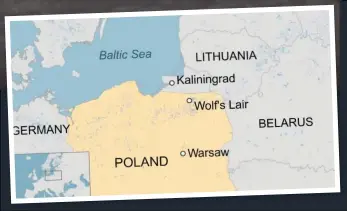  ?? ?? Map illustrati­ng the geographic location of Hitler’s Wolf’s Lair, Rastenburg, East Prussia (now Ketrzyn in Poland) in relation to the Baltic States