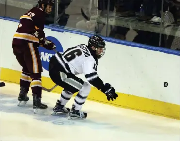  ?? File photo by Louriann Mardo-Zayat / lmzartwork­s.com ?? Providence College senior defenseman Anthony Florentino (16) was a standout on the 2015 national title team and also a part of last season’s team, which suffered a double-overtime loss to Minnesota-Duluth in Worcester.